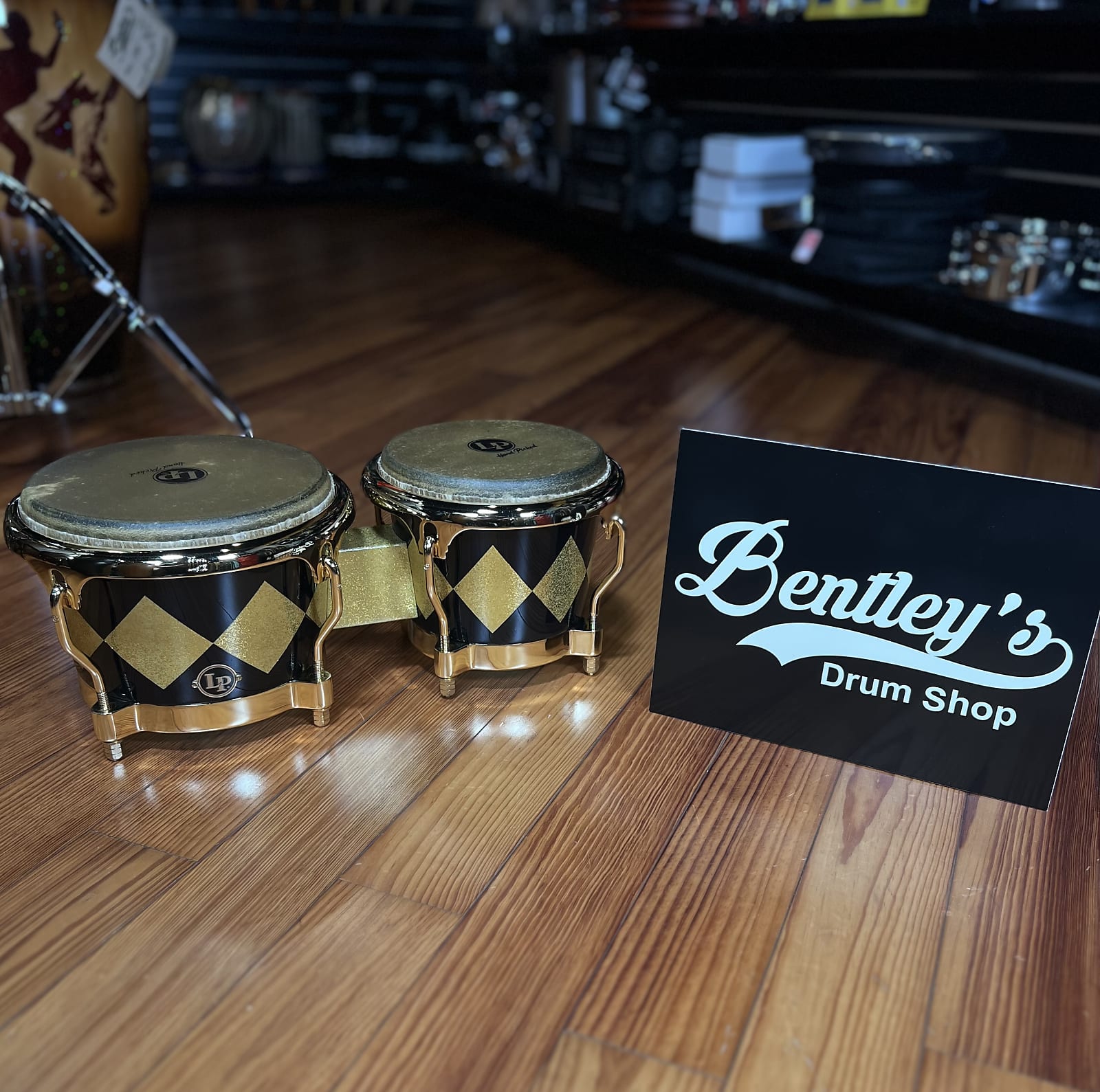 *Bentley's Exclusive* LP Latin Percussion Fiberglass Patato Bongos in Black & Gold Diamond Sparkle w/ Gold Hardware